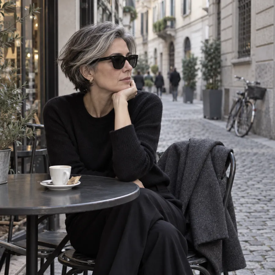 Donna seduta a un tavolino di un caffè in Brera con occhiali da sole neri in acetato