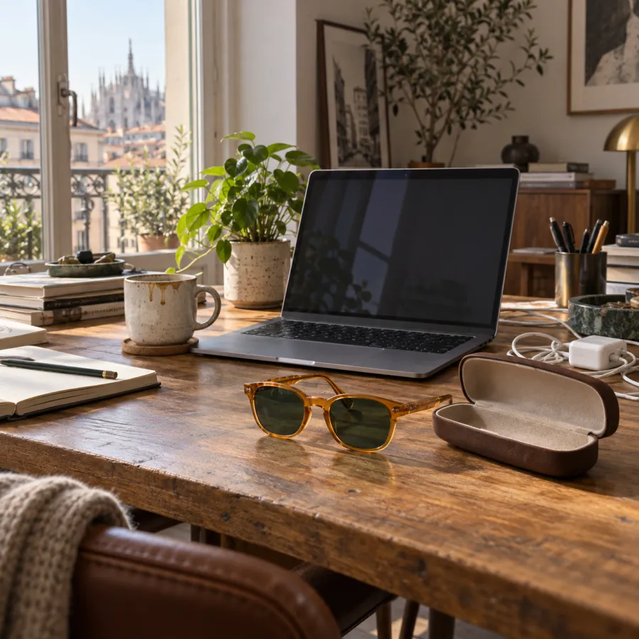 Occhiali da sole color miele con lenti verdi su una scrivania accanto al portatile e all'astuccio