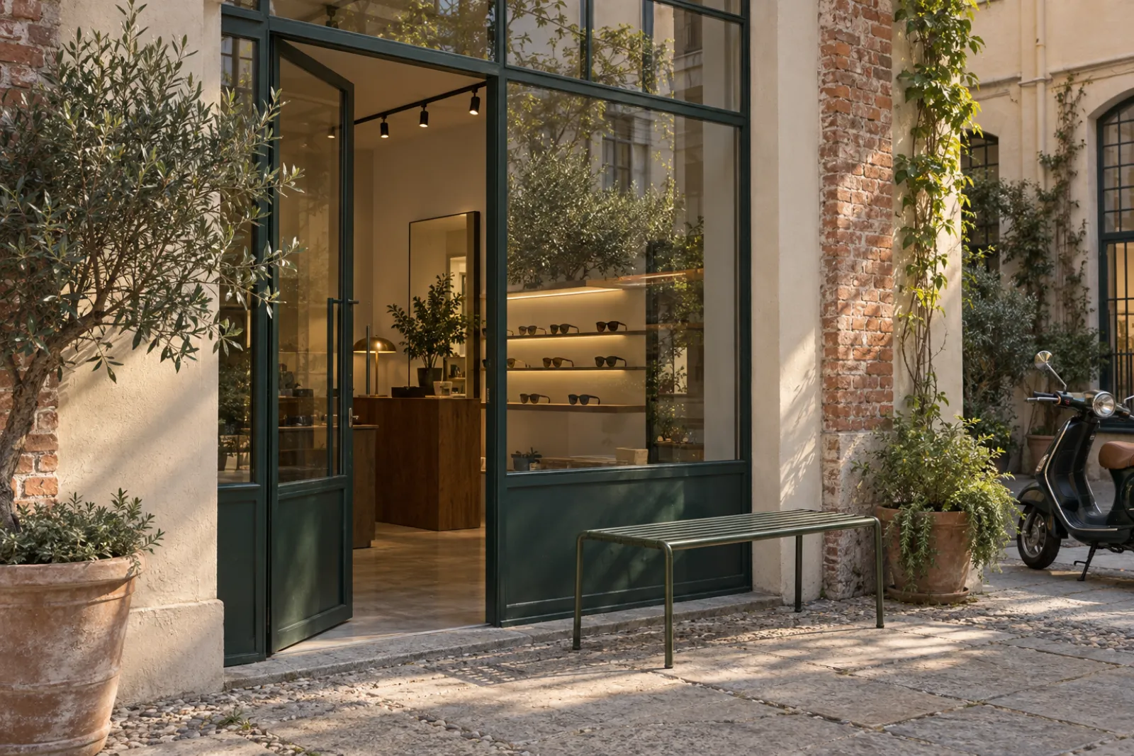 Ingresso dello showroom Mealler in un cortile di Via Tortona a Milano, con porta in ferro verde e un ulivo in vaso