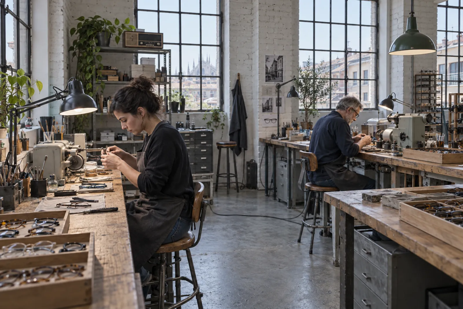 Interno del laboratorio Mealler con grandi finestre in ferro, banchi da lavoro e due artigiani al lavoro