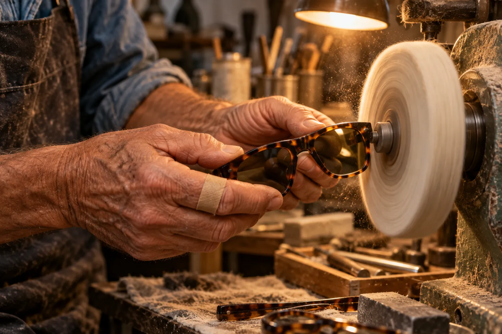Mani di un artigiano che lucida una montatura in acetato tartarugato sulla mola di cotone