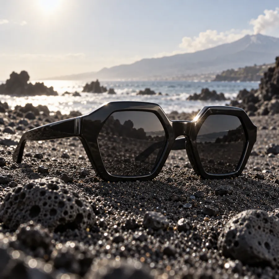 Occhiali da sole Etna, Acetato nero spessore 8 mm, lente Fumo scuro cat. 3, UV400