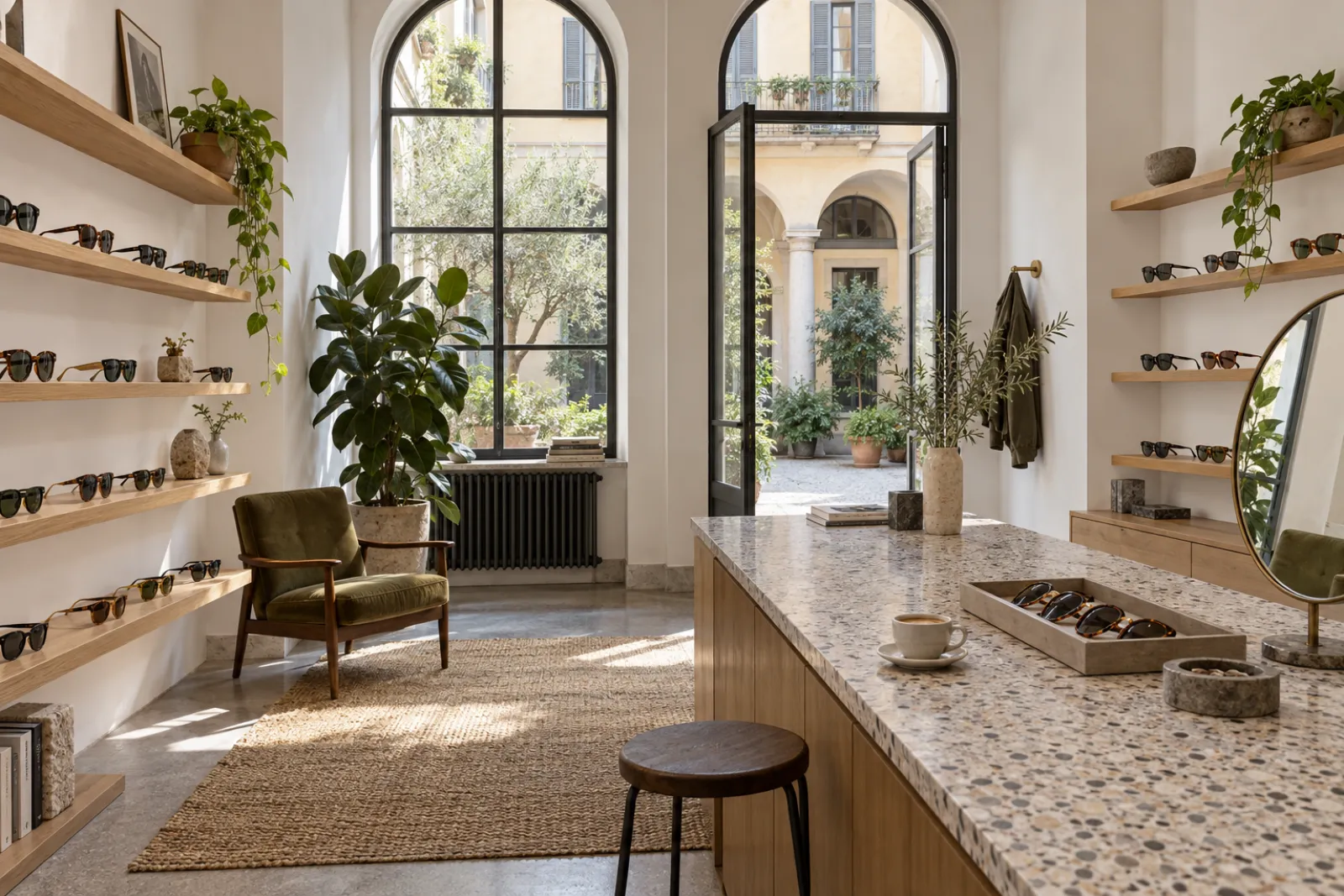 Interno dello showroom Mealler con mensole di rovere, occhiali da sole esposti, bancone in terrazzo e finestre ad arco