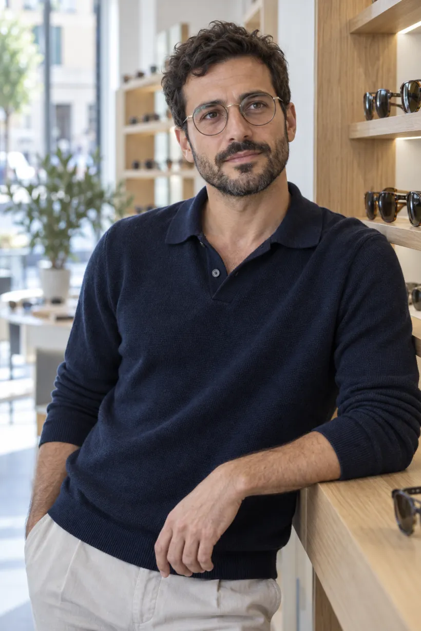 Ritratto di Marco Bellini, ottico optometrista, showroom di Mealler